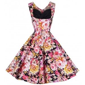 Lindy Bop Black Floral Fit-and-Flare Dress with Pink & Yellow Blooms